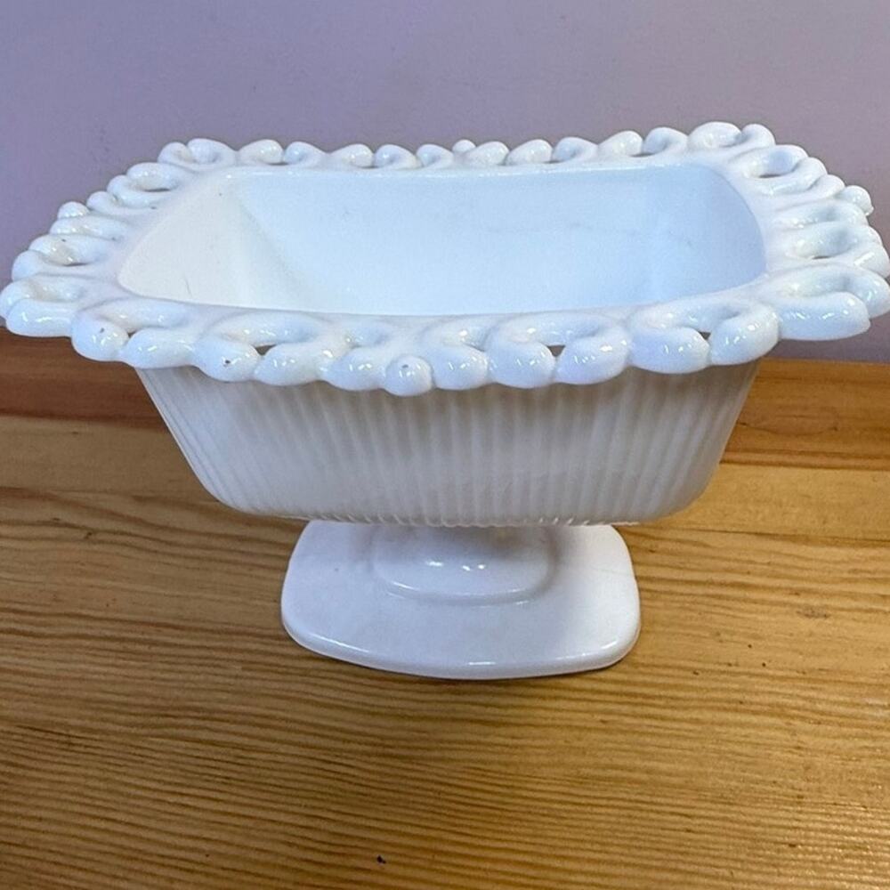 Vintage White Milk Glass Pedestal Compote Bowl Lace Scroll Rim 8"